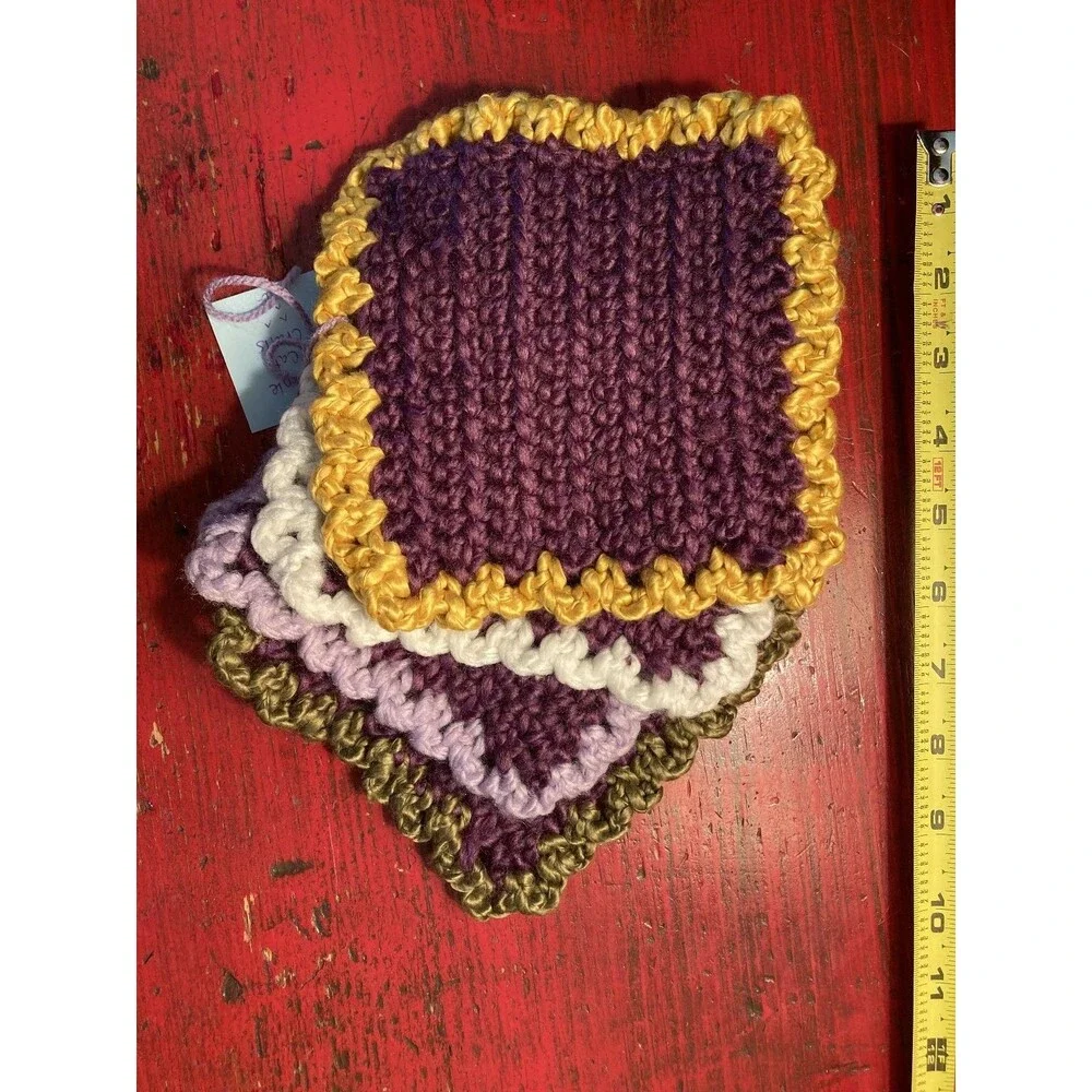 PURPLE CAT CRAFTS Handmade Crocheted Dish Rag Lot of 4 Yarn Art Knitted Colorful